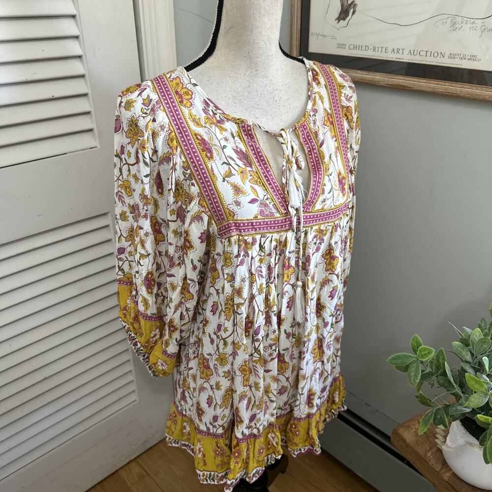 Rachel Zoe Top Womens Small White Floral Peasant Blouse Tunic Tassels Boho Chic - Picture 2 of 9